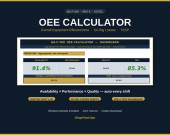OEE Calculator Excel Template | Overall Equipment Effectiveness, Six Big Losses Pareto, TEEP, Shift Log Dashboard | Lean Manufacturing Tool