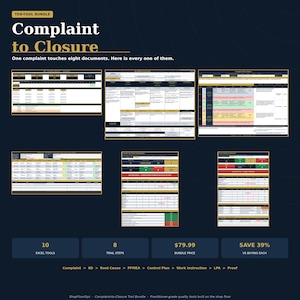 May include: A digital bundle titled Complaint to Closure featuring eight Excel document templates for quality management. The layout displays various data tables, dashboards, and process tracking sheets with text labels including 10 Excel Tools and 8 Trail Steps.