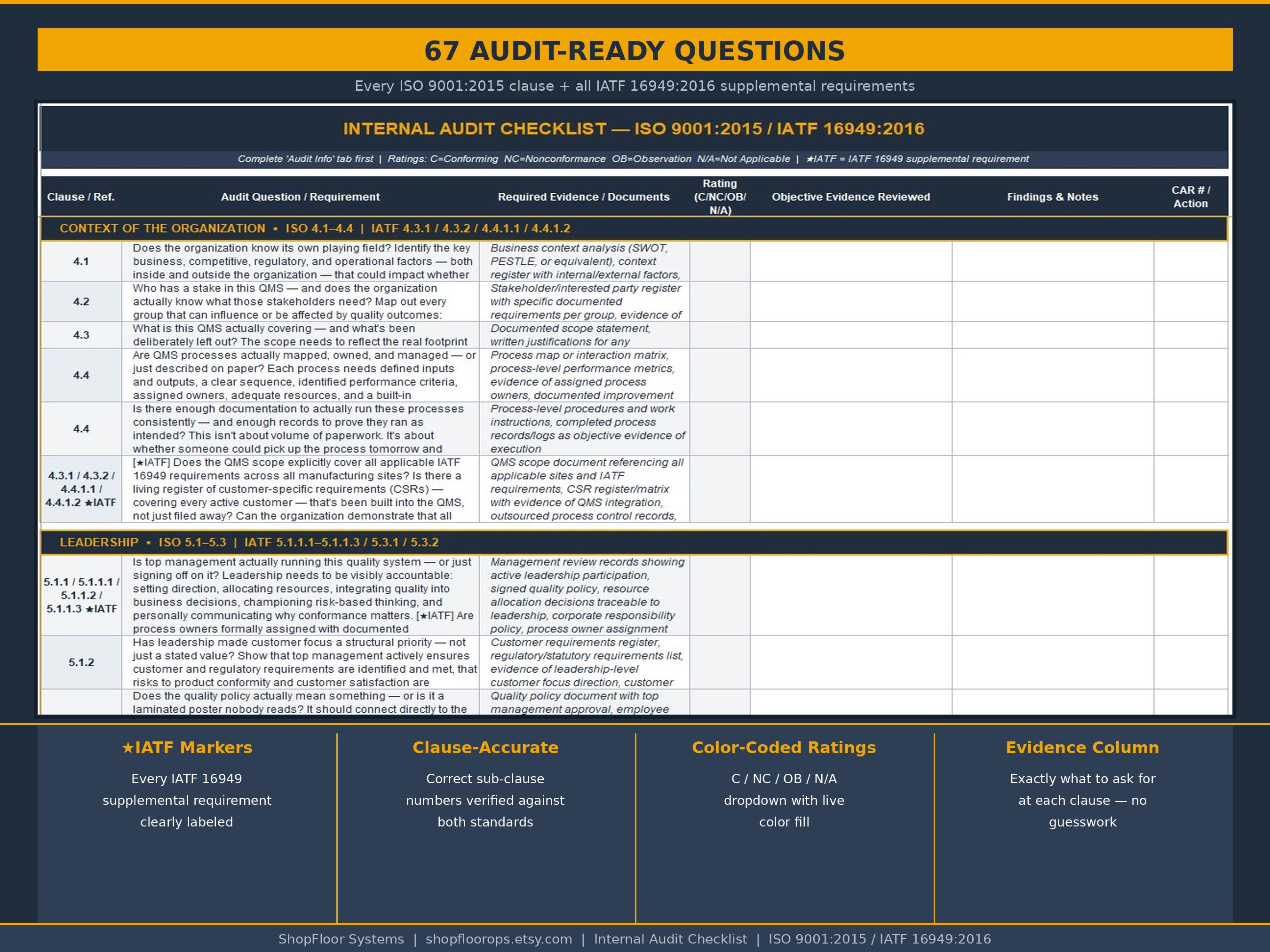 Internal Audit Checklist Excel — ISO 9001 2015 & IATF 16949:2016 QMS ...