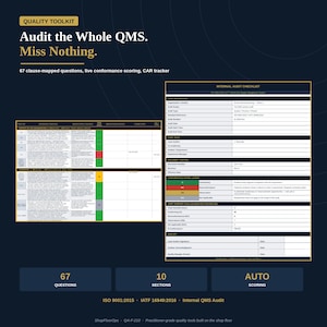 Checklista för internrevision i Excel | ISO 9001 och IATF 16949 QMS-revision med 67 frågor, poängsättning för bilöverensstämmelse och spårning av bilresultat