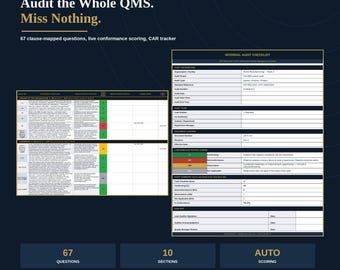 Internal Audit Checklist Excel | ISO 9001 & IATF 16949 QMS Audit with 67 Questions, Auto Conformance Scoring and Car Findings Tracker