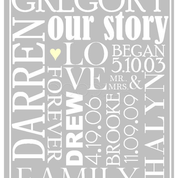 Custom Modern Personalized Marriage & Family Word Art. Unframed Print 8x10 inches