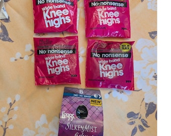 Medias hasta la rodilla Vintage No Nonsense y medias de rejilla Silken Mist de L'eggs, lote de 5 pares.