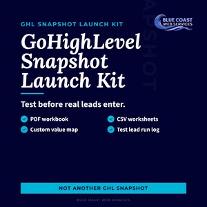 Könnte beinhalten: Eine marineblaue Grafik mit weißem Text, der "GHL Snapshot Launch Kit" und "GoHighLevel Snapshot Launch Kit" lautet. Das Bild enthält auch eine Liste von Funktionen und den Text "Testen Sie, bevor echte Leads eintreffen."