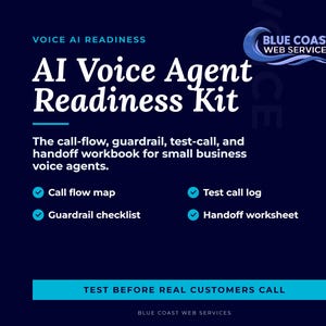 Op de afbeelding: Een marineblauwe afbeelding met witte tekst die "AI Voice Agent Readiness Kit" luidt. De tekst beschrijft een werkboek voor spraakagenten van kleine bedrijven. Bevat een callflow-kaart, een checklist, een testoproeplogboek en een overdrachtwerkblad.