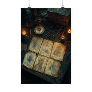 Może przedstawiać: Plakat przedstawiający szczegółową ilustrację sceny tworzenia map w stylu vintage. Obraz przedstawia postarzane mapy pergaminowe, kompas, świece i narzędzia, ułożone na ciemnym drewnianym stole. Ciepłe oświetlenie tworzy historyczną i pełną przygód atmosferę.