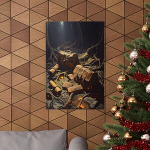 Puede incluir: Impresión enmarcada que representa una escena de bosque con bolsas de cuero vintage, rollos enrollados y libros. La obra de arte utiliza una paleta de colores cálidos y texturas detalladas.