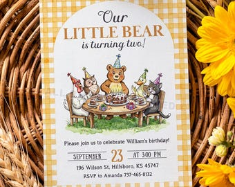 小さなクマの誕生日招待状テンプレート、編集可能なCanvaクマのピクニック招待状、絵本の森の動物、私たちの小さなクマ、黄色のギンガムチェック