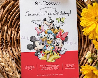Oh Toodles 誕生日招待状、ミッキーマウスクラブハウス 2 歳の誕生日招待状テンプレート、水彩画風編集可能な Canva テンプレート