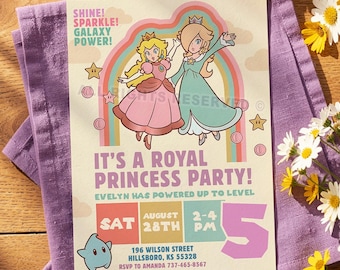 レトロなピーチ姫とロゼッタの誕生日招待状、パステルカラーのスーパーマリオガールパーティー招待状、レベルアップゲーマーガール、編集可能なCanvaテンプレート