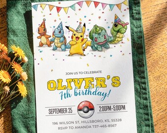 ポケモン誕生日招待状、編集可能なCanvaテンプレート、印刷可能な水彩招待状、子供の誕生日パーティー招待状、ピカチュウ誕生日カード