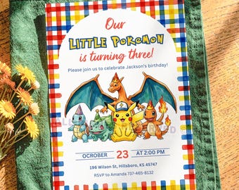 ポケモン誕生日招待状編集可能テンプレート、ピカチュウキッズパーティー招待状、水彩画風「ゲット・エム・オール」デジタルダウンロード、男の子女の子誕生日カード