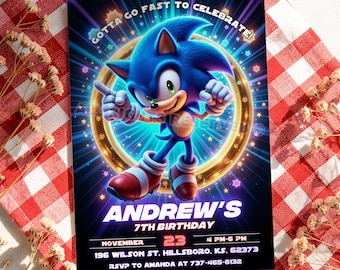 ソニック・ザ・ヘッジホッグの誕生日招待状、編集可能なCanvaテンプレート、ビデオゲームパーティー招待状、男の子向け青いハリネズミの誕生日