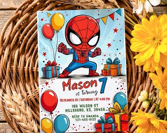 スパイダーマン誕生日招待状テンプレート、編集可能なスーパーヒーローパーティー招待状（男の子向け）、子供向けコミックブックスパイディ誕生日Canva、デジタルダウンロード