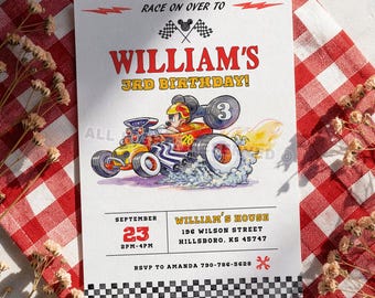 ミッキーマウス レーシング バースデー招待状、ロードスター レーサー パーティー招待状、レースカー バースデー招待状、編集可能なCanvaテンプレート