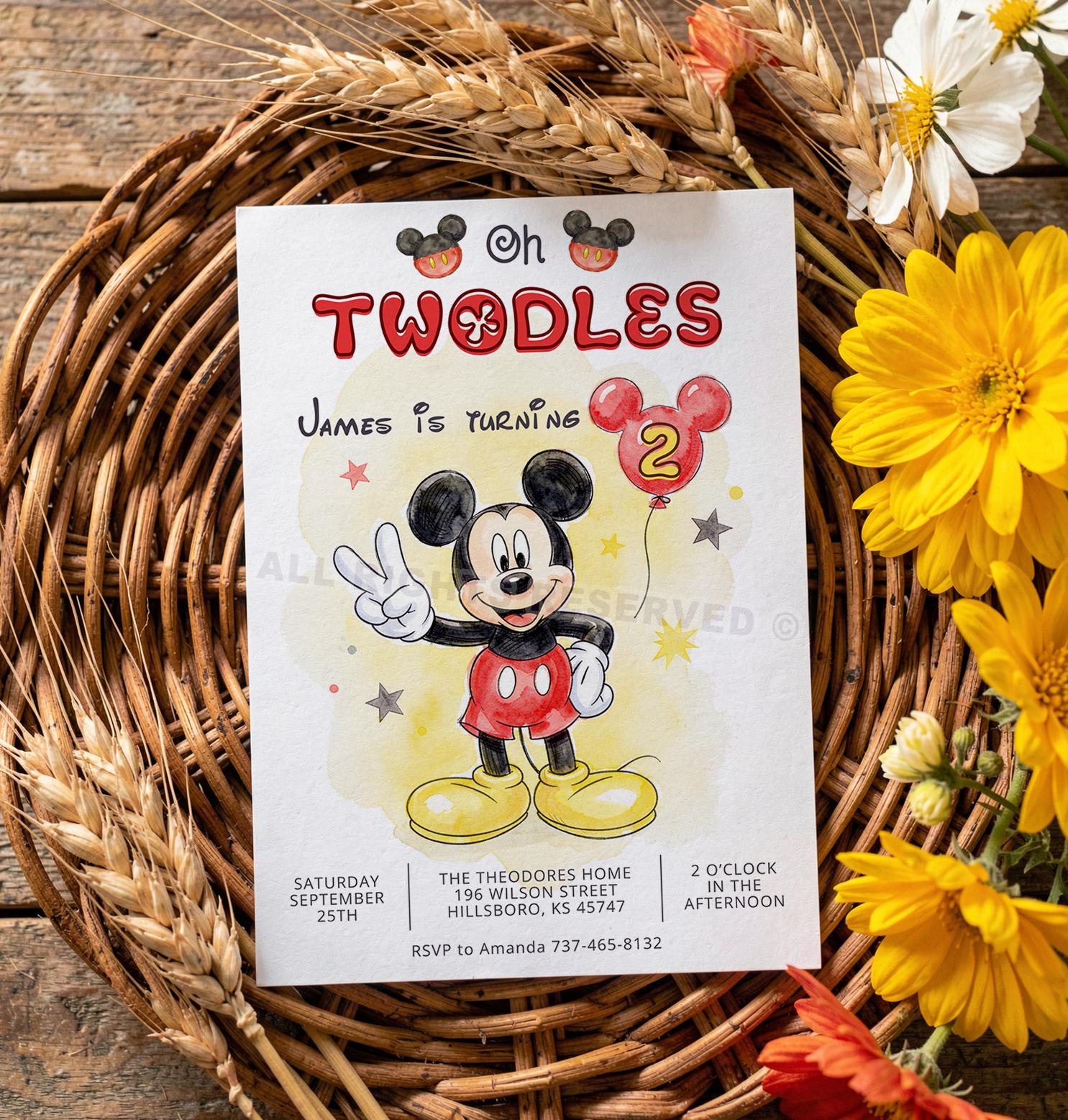 Editable Oh Twodles Mickey Mouse Birthday Invitation, Watercolor Mickey ...