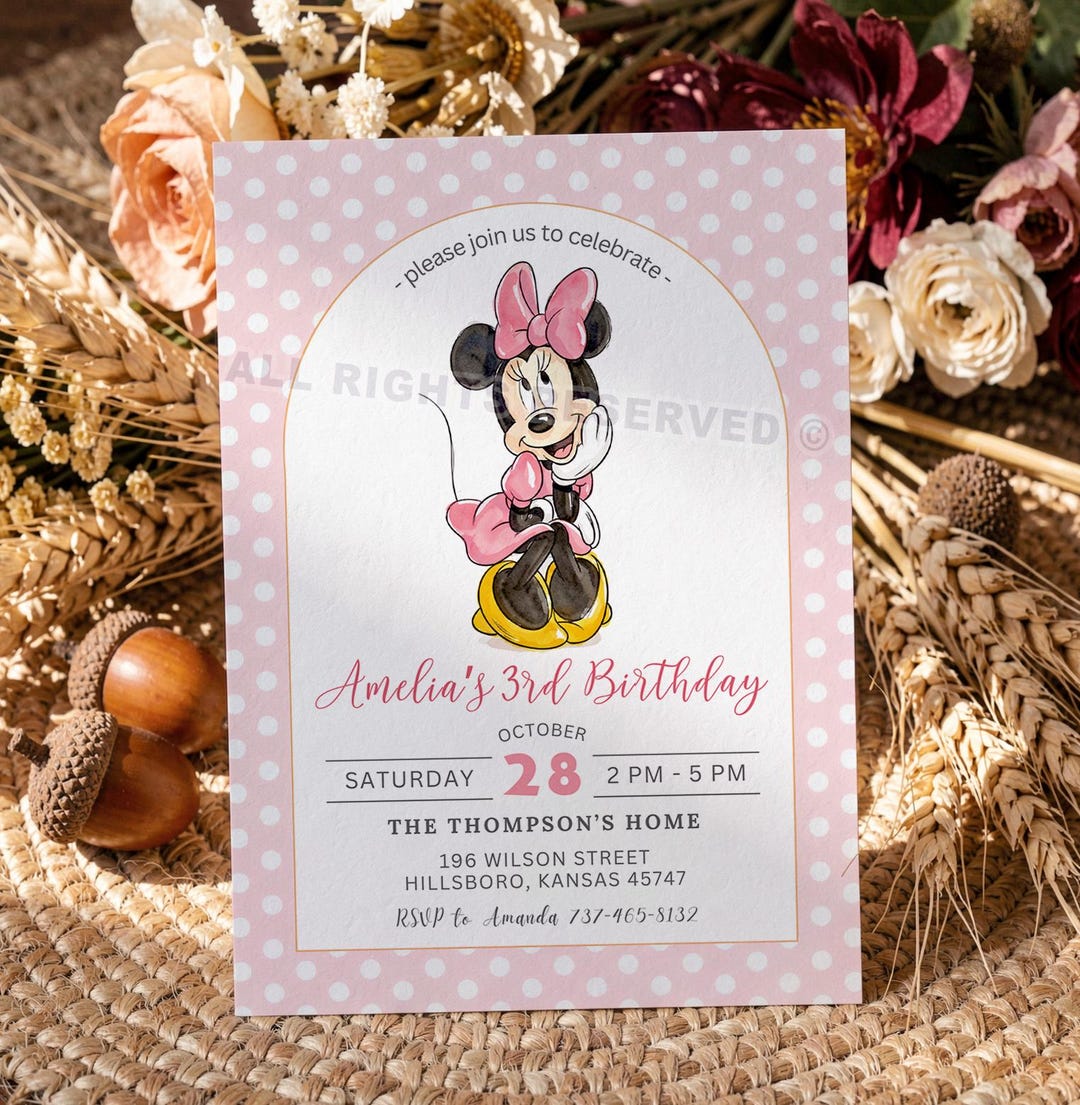 Editable Minnie Mouse Birthday Invitation, Pink Polka Dot Invite ...