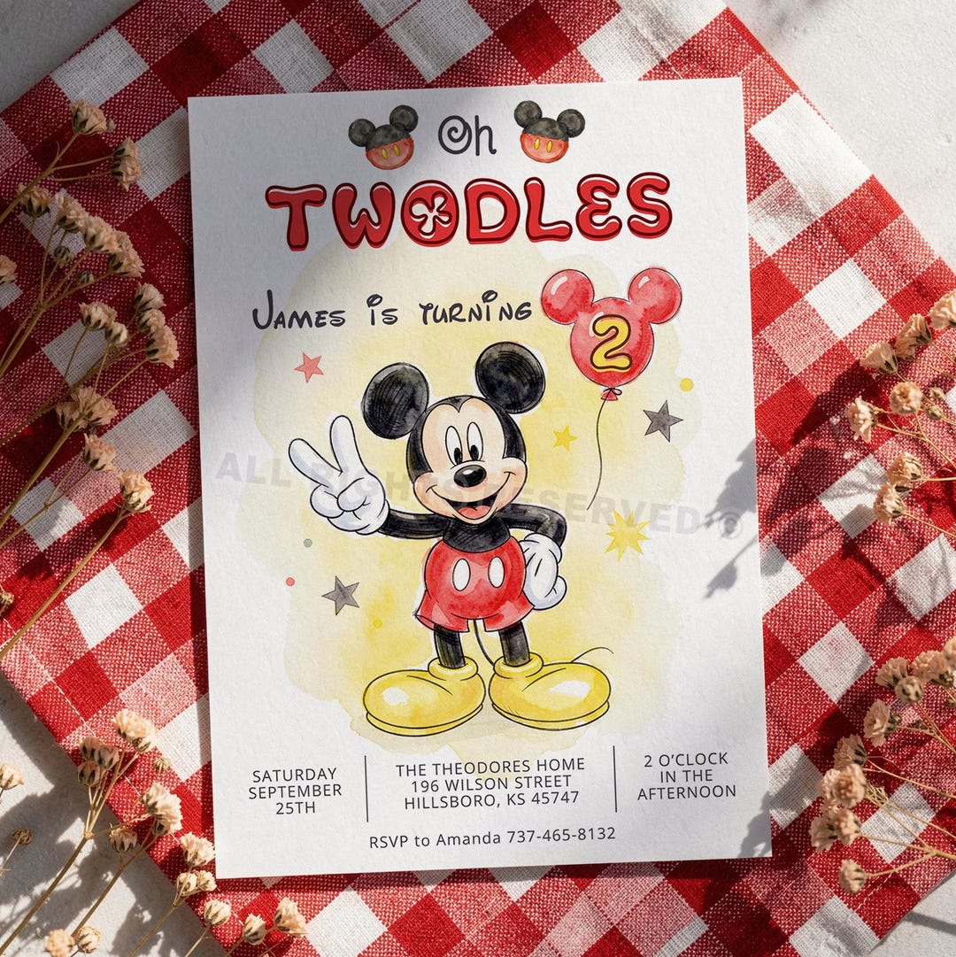 Editable Oh Twodles Mickey Mouse Birthday Invitation, Watercolor Mickey ...