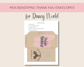 Disney World Mousekeeping Thank you Envelope Retro Pink PDF Printable | Digital Download Retro Pink Disney Tip Envelopes | Cash Envelope