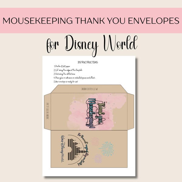 Disney World Mousekeeping Thank you Envelope Retro Pink PDF Printable | Digital Download Retro Pink Disney Tip Envelopes | Cash Envelope
