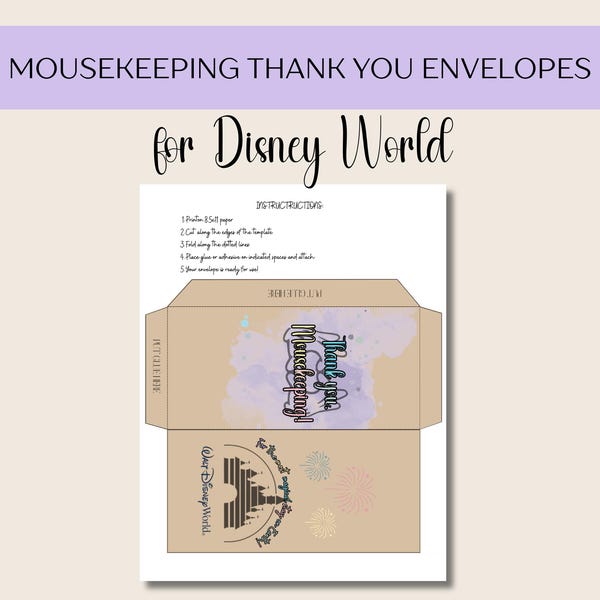 Disney World Mousekeeping Thank you Envelope Retro Purple PDF Printable | Digital Download Retro Purple Disney Tip Envelopes | Cash Envelope