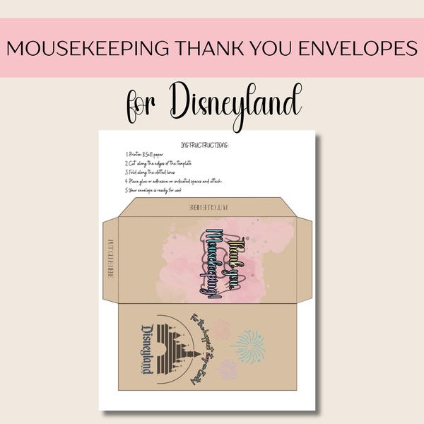 Disneyland Mousekeeping Thank You Envelope Retro Pink PDF Printable | Digital Download Retro Pink Disney Tip Envelopes | Cash Envelope