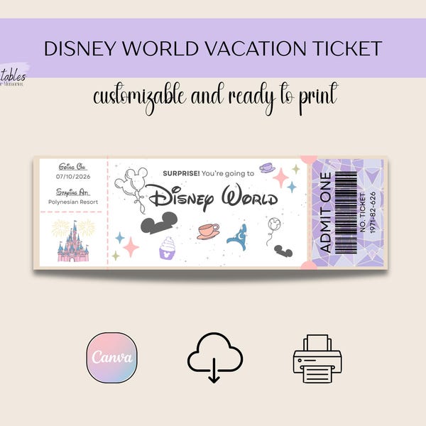 Disney World Vacation Ticket Template | WDW Printable Surprise Ticket (Digital Download)