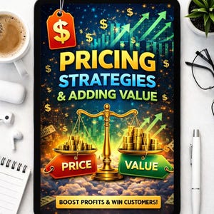 Puede incluir: Una tableta digital muestra una portada de libro electrónico titulada "PRICING STRATEGIES & ADDING VALUE". La portada presenta una balanza con montones de monedas, símbolos de dólar y flechas verdes que apuntan hacia arriba. El texto "BOOST PROFITS & WIN CUSTOMERS!" también es visible.