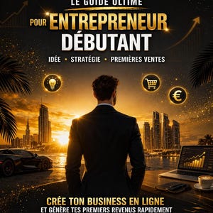 Op de afbeelding: Boekomslag met de titel "LE GUIDE ULTIME POUR ENTREPRENEUR DÉBUTANT" in gouden letters. De afbeelding toont een man in een pak die naar een stadsgezicht kijkt, met een laptop, koffie en een sportwagen. De tekst "BEST-SELLER 2025" staat bovenaan.
