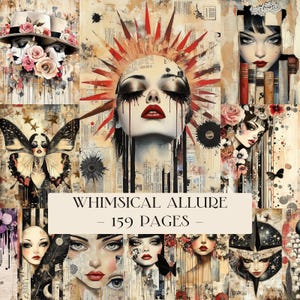 May include: A collage featuring multiple artistic portraits with a vintage aesthetic. The images include women with dramatic makeup, butterflies, and floral elements. The text "WHIMSICAL ALLURE - 159 PAGES -" is displayed across the bottom.
