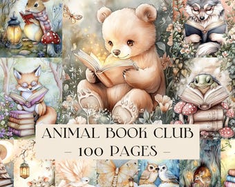 May include: A digital collage of watercolour illustrations featuring various animals reading books, including a bear, fox, wolf, and mouse. The central text reads ANIMAL BOOK CLUB - 100 PAGES - in a serif font against a soft, light-coloured background.