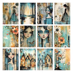 May include: A collection of twelve art prints featuring watercolor illustrations. The prints showcase a variety of subjects, including portraits of women, floral arrangements, and landscapes. The color palette includes teal, gold, and brown tones, creating a vintage aesthetic.