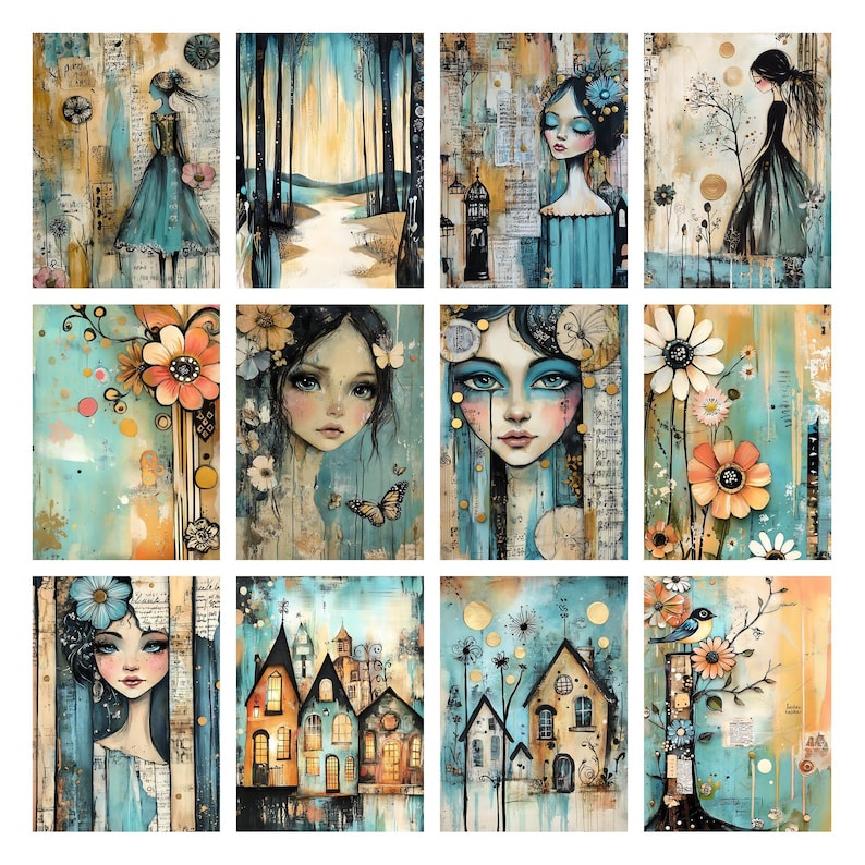 May include: A collection of twelve art prints featuring watercolor illustrations. The prints showcase a variety of subjects, including portraits of women, floral arrangements, and landscapes. The color palette includes teal, gold, and brown tones, creating a vintage aesthetic.