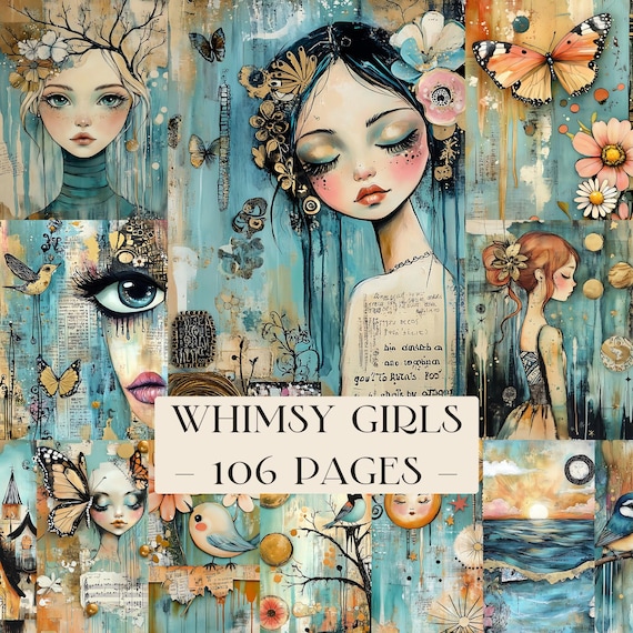 Vintage Whimsical Girls Junk Journal Kit, Colorful Pages, Printable Ephemera Mixed Media Collage Cottagecore Digital Papers Scrapbook Papers