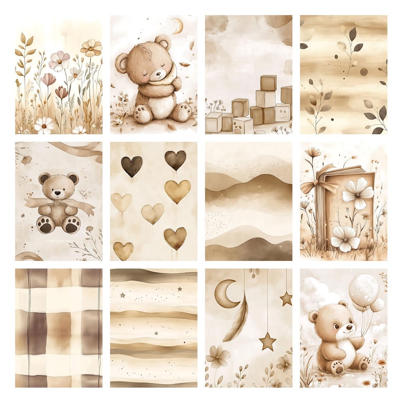 May include: A collection of twelve watercolor illustrations in shades of brown and beige. The images include a teddy bear, flowers, hearts, building blocks, and abstract landscapes. The style is soft and whimsical, suitable for nursery decor or baby-themed projects.