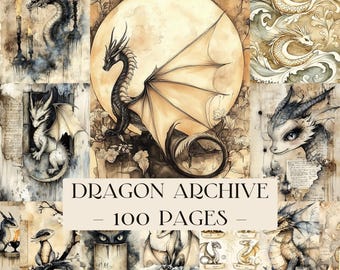 Dragon Archive Junk Journal Pages, Fantasy Dragon Digital Papers, vintage manuscript plakboek, afdrukbare ephemera, vintage collagekunstpakket