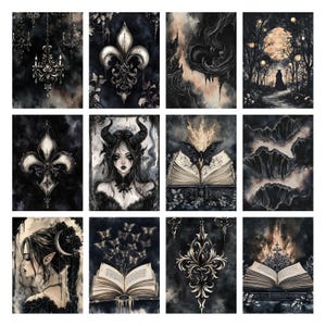Puede incluir: Una colecci&oacute;n de doce grabados de arte oscuro con temas g&oacute;ticos y de fantas&iacute;a. Los grabados muestran im&aacute;genes de candelabros, flor de lis, una mujer con cuernos, una figura en un bosque y libros abiertos con mariposas. La paleta de colores es principalmente negra y gris.