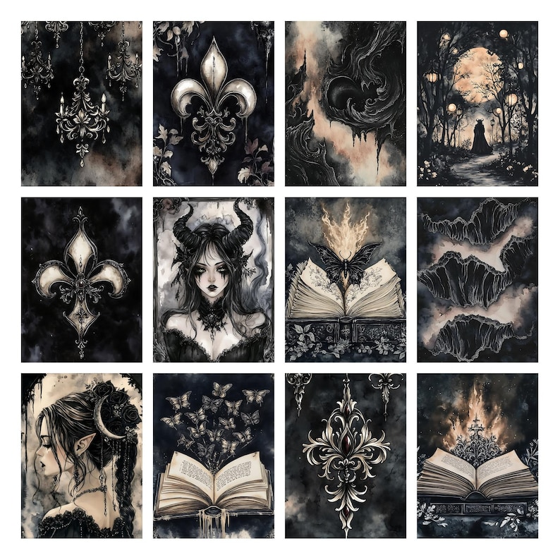 Puede incluir: Una colecci&oacute;n de doce grabados de arte oscuro con temas g&oacute;ticos y de fantas&iacute;a. Los grabados muestran im&aacute;genes de candelabros, flor de lis, una mujer con cuernos, una figura en un bosque y libros abiertos con mariposas. La paleta de colores es principalmente negra y gris.