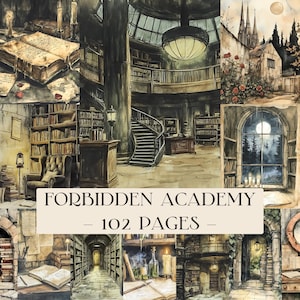 Op de afbeelding: Waterverfcollage met een bibliotheek met wenteltrappen, boekenplanken en een koepelvormig plafond. De tekst "FORBIDDEN ACADEMY - 102 PAGES -" is weergegeven. Het kunstwerk heeft een vintage, fantasiethema.