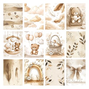 May include: A collection of watercolor illustrations in sepia tones. The images feature teddy bears, clouds, feathers, a rainbow, balloons, and a basket with mushrooms. The overall theme is soft and whimsical, suitable for nursery decor or children's products.