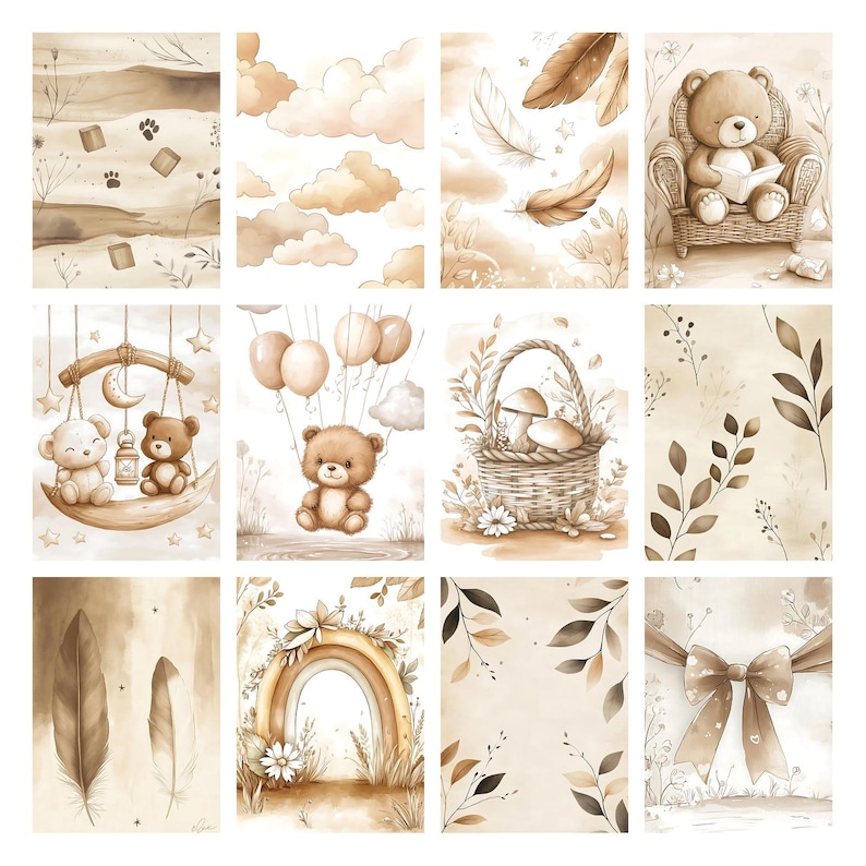 May include: A collection of watercolor illustrations in sepia tones. The images feature teddy bears, clouds, feathers, a rainbow, balloons, and a basket with mushrooms. The overall theme is soft and whimsical, suitable for nursery decor or children's products.
