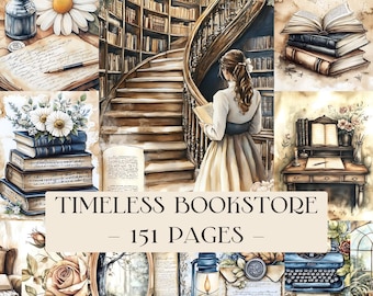 Puede incluir: Collage de acuarela con temática de librería vintage. La imagen incluye una mujer leyendo, una escalera de caracol, pilas de libros y el texto "TIMLESS BOOKSTORE - 151 PAGES". Elementos decorativos: flores, tinteros y una máquina de escribir.