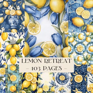 Lemon Retreat Pattern, Watercolor Lemon Digital Papers, Sicilian Tile Clipart, Italian Summer Background, Blue Yellow Tiles, Scrapbook