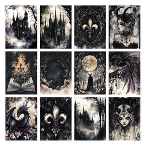 Puede incluir: Una colecci&oacute;n de doce grabados art&iacute;sticos de tem&aacute;tica g&oacute;tica. Cada grabado presenta im&aacute;genes oscuras y atmosf&eacute;ricas, incluyendo castillos, una flor de lis, una figura con cuernos, un drag&oacute;n y una mujer con cuernos. La paleta de colores es principalmente negra, gris y blanca, con toques de morado.