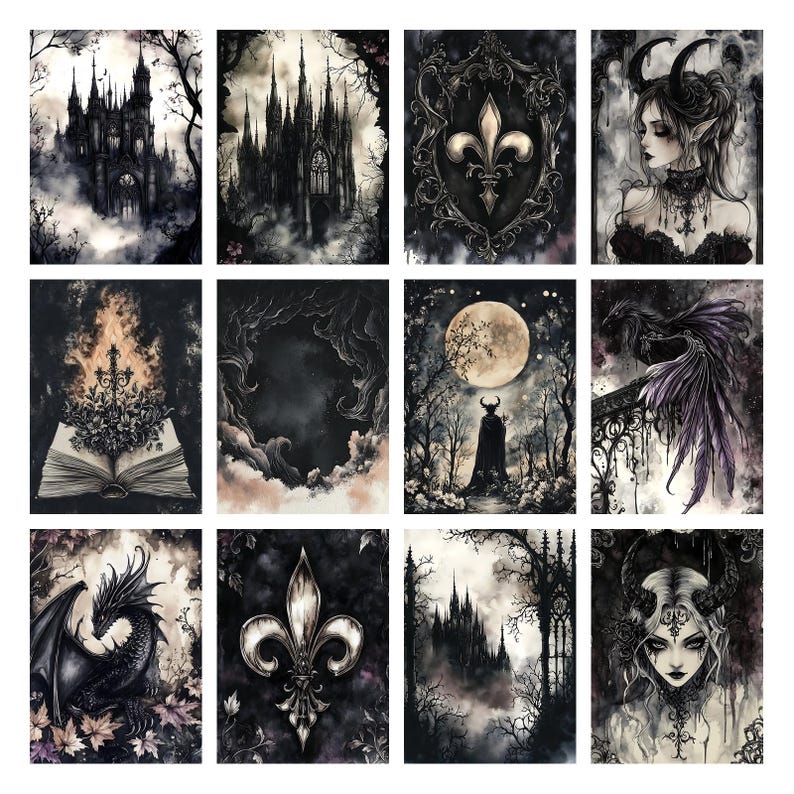 Puede incluir: Una colecci&oacute;n de doce grabados art&iacute;sticos de tem&aacute;tica g&oacute;tica. Cada grabado presenta im&aacute;genes oscuras y atmosf&eacute;ricas, incluyendo castillos, una flor de lis, una figura con cuernos, un drag&oacute;n y una mujer con cuernos. La paleta de colores es principalmente negra, gris y blanca, con toques de morado.