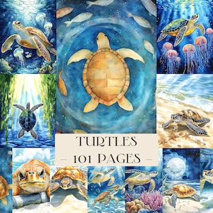 May include: A collection of watercolor illustrations featuring sea turtles in various aquatic environments. The artwork includes turtles swimming with fish, jellyfish, and near a sandy beach. The text "Turtles - 101 Pages" is displayed.