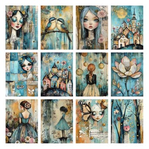 May include: A collection of twelve watercolor art prints featuring whimsical portraits, birds, and floral elements. The artwork showcases a palette of teal, gold, and muted earth tones. Each print has a unique design, including a girl with a butterfly and a townscape.