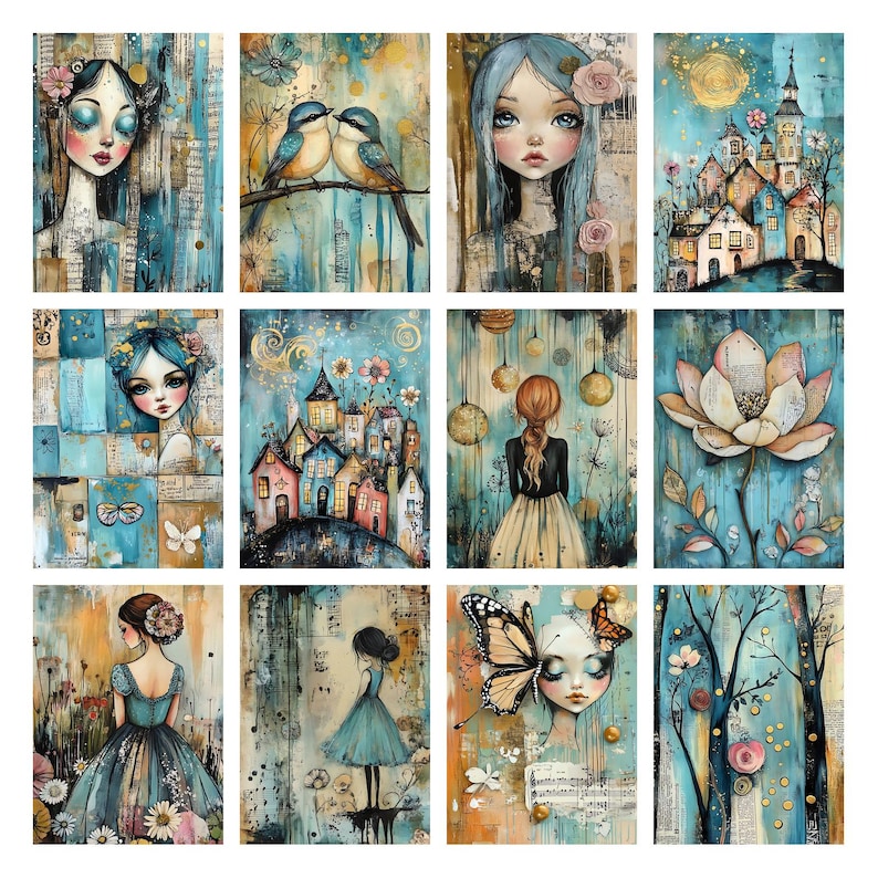 May include: A collection of twelve watercolor art prints featuring whimsical portraits, birds, and floral elements. The artwork showcases a palette of teal, gold, and muted earth tones. Each print has a unique design, including a girl with a butterfly and a townscape.