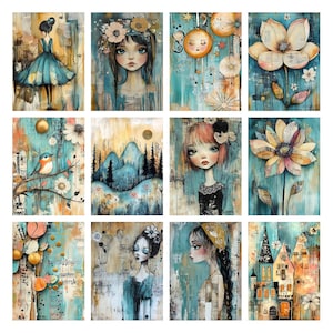 May include: A collection of twelve art prints featuring whimsical illustrations. The prints showcase a variety of subjects, including portraits of girls, flowers, birds, and landscapes. The color palette includes teal, gold, and muted earth tones, creating a dreamy aesthetic.