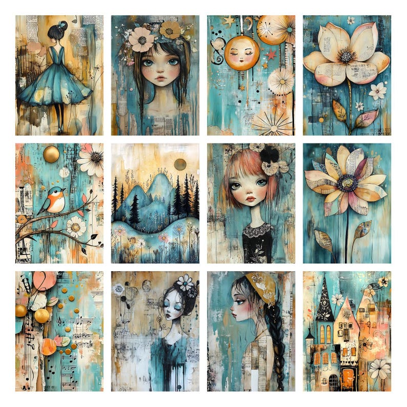 May include: A collection of twelve art prints featuring whimsical illustrations. The prints showcase a variety of subjects, including portraits of girls, flowers, birds, and landscapes. The color palette includes teal, gold, and muted earth tones, creating a dreamy aesthetic.